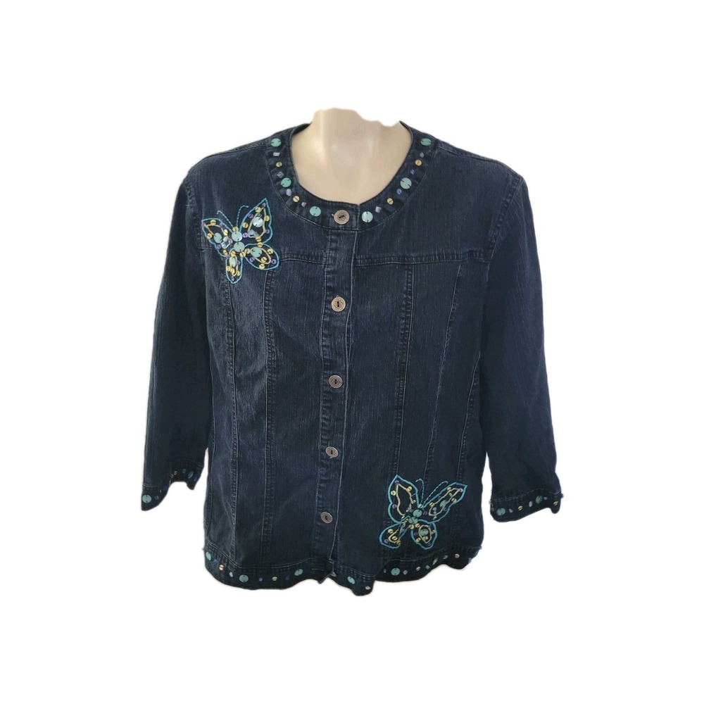 Alfred Dunner Plus Size 16 Blue Denim Jacket Embroidered Beaded Butterfly Momcor
